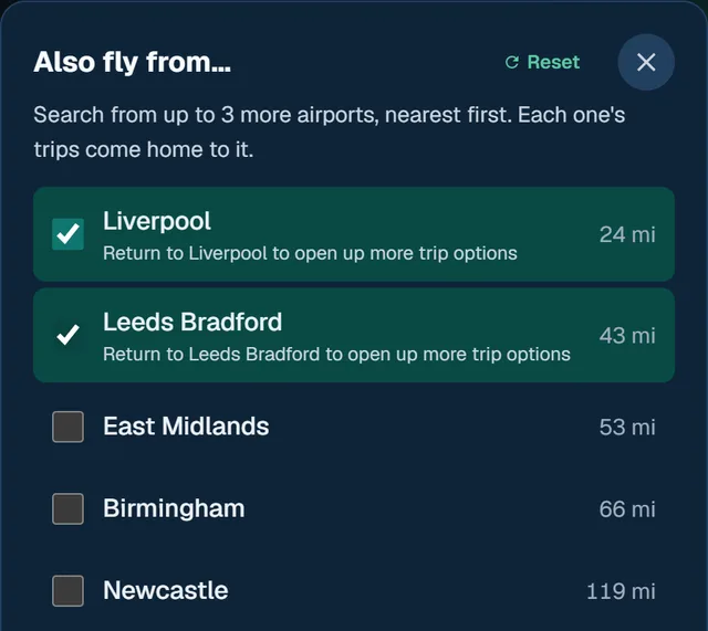 The Finder's Also fly from panel, with Liverpool and Leeds Bradford ticked