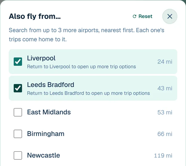 The Finder's Also fly from panel, with Liverpool and Leeds Bradford ticked
