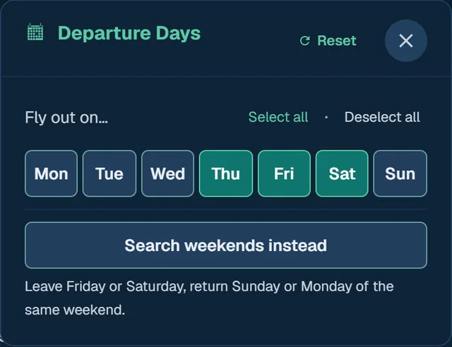 The Finder's Departure Days panel, with Thursday, Friday and Saturday picked