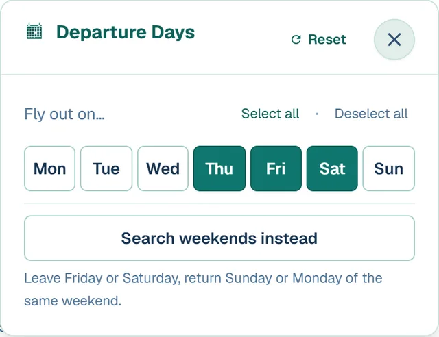 The Finder's Departure Days panel, with Thursday, Friday and Saturday picked