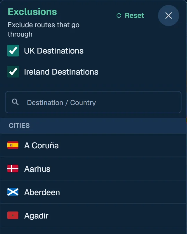 The Finder's Exclusions panel, with UK and Ireland destinations ruled out