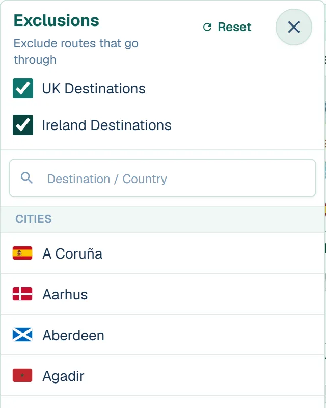 The Finder's Exclusions panel, with UK and Ireland destinations ruled out