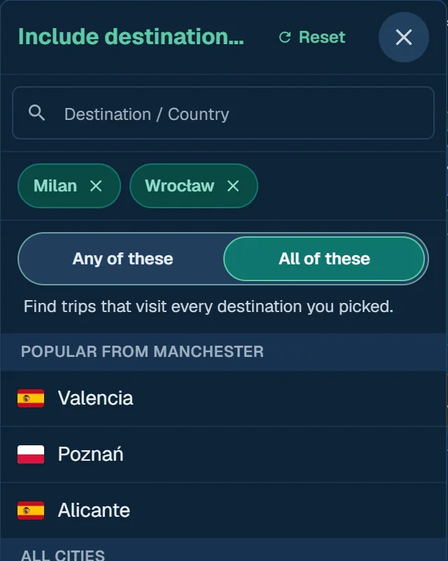 The Finder's Include destinations panel, with Milan and Wrocław picked