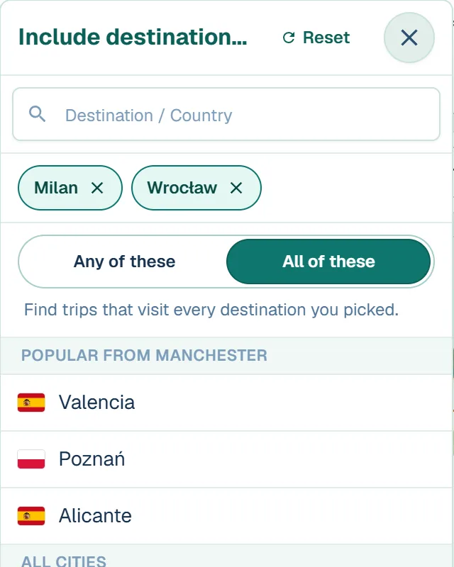The Finder's Include destinations panel, with Milan and Wrocław picked