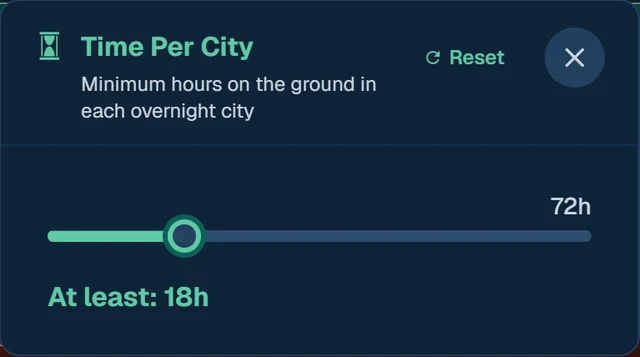 The Finder's Time Per City panel, set to at least 18 hours