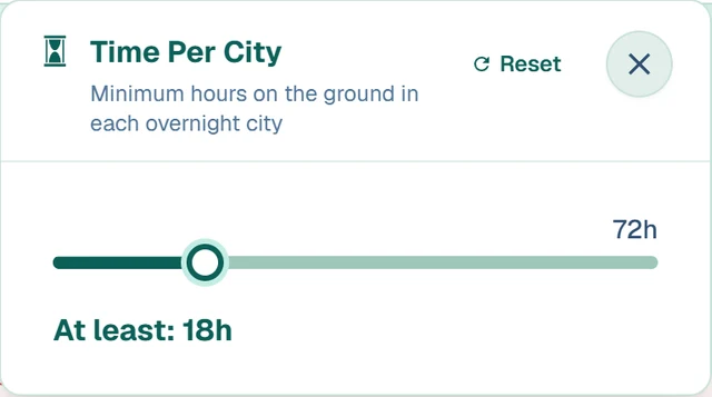 The Finder's Time Per City panel, set to at least 18 hours