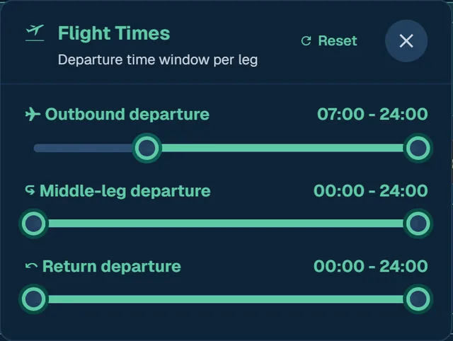 The Finder's Flight Times panel, with the outbound flight from 07:00