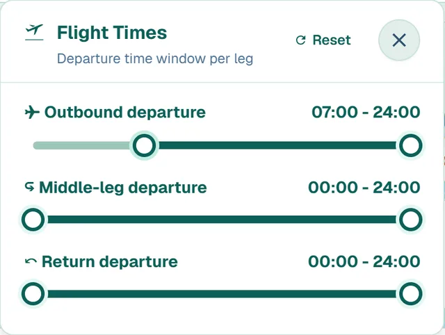 The Finder's Flight Times panel, with the outbound flight from 07:00